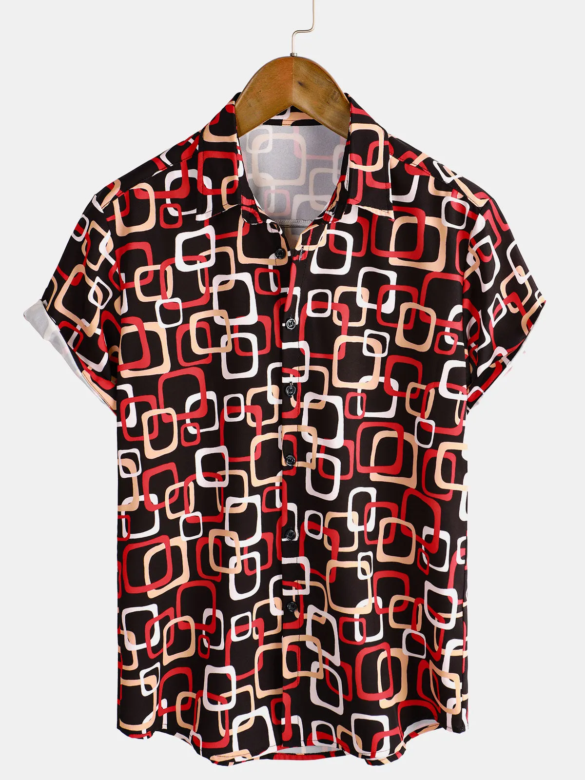 Men's Casual Geometric Black Short Sleeve Button Up Shirt