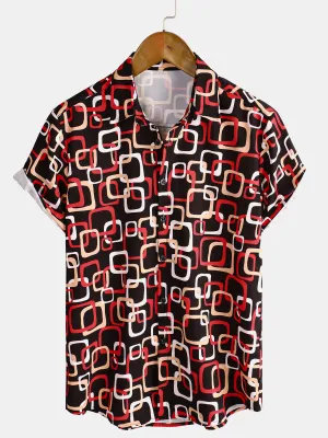 Men's Casual Geometric Black Short Sleeve Button Up Shirt