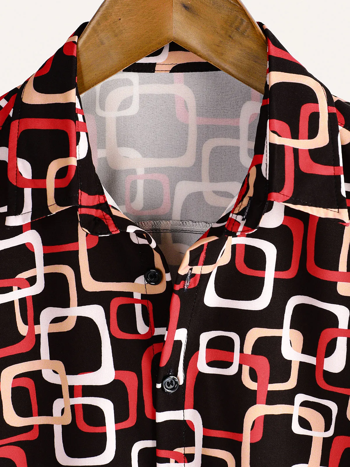 Men's Casual Geometric Black Short Sleeve Button Up Shirt