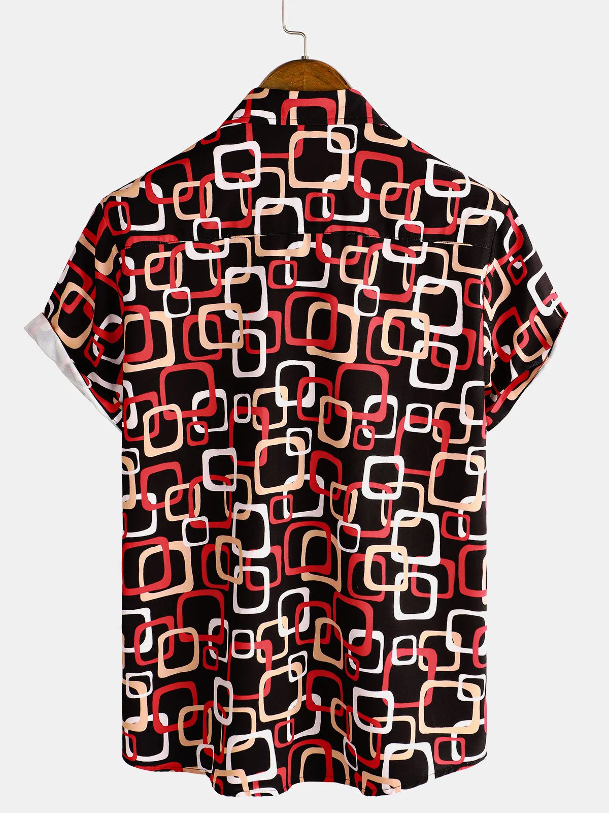 Men's Casual Geometric Black Short Sleeve Button Up Shirt