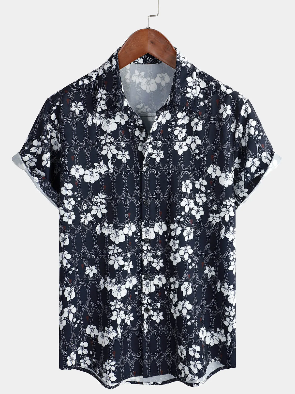 Men's Cherry Blooms Floral Holiday Navy Blue Short Sleeve Button Up Shirt