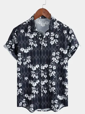 Men's Cherry Blooms Floral Holiday Navy Blue Short Sleeve Button Up Shirt