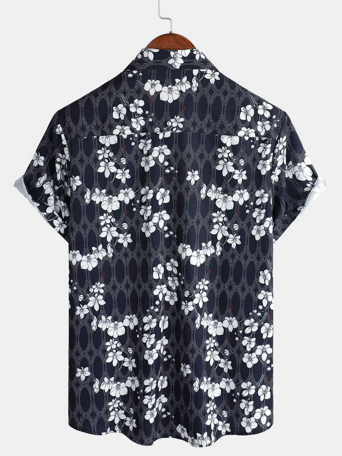 Men's Cherry Blooms Floral Holiday Navy Blue Short Sleeve Button Up Shirt