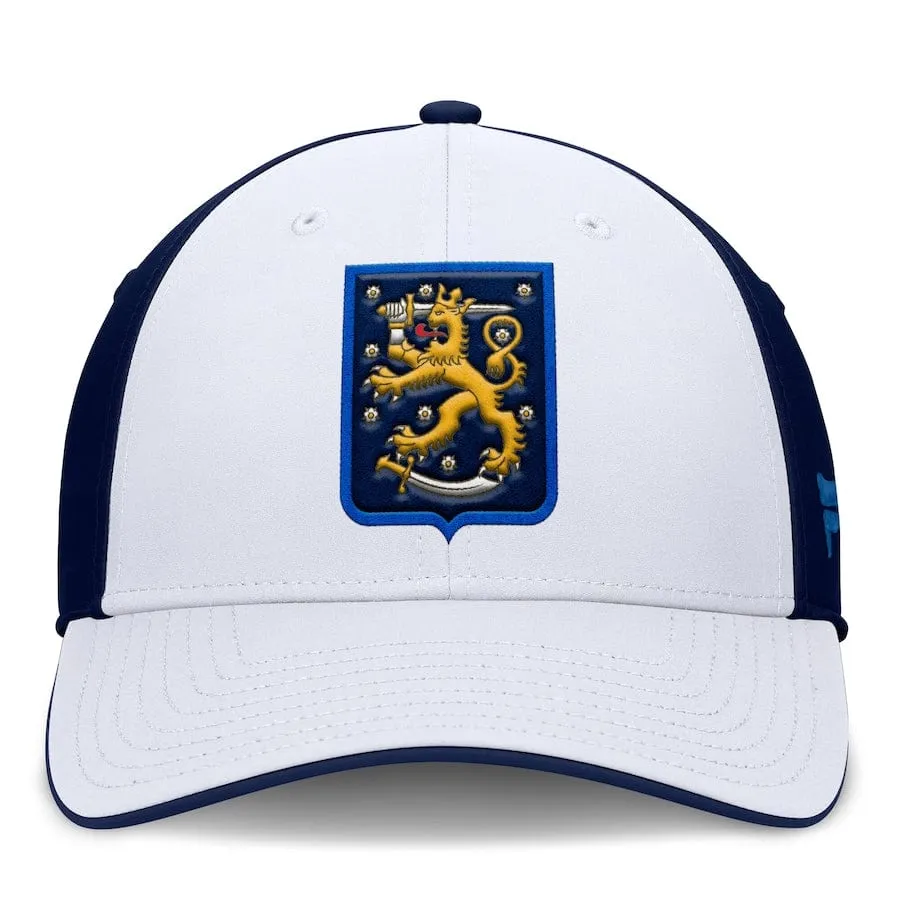 Men's Finland Fanatics White/Navy 2025 4 Nations Face-Off Stretch Fit Hat