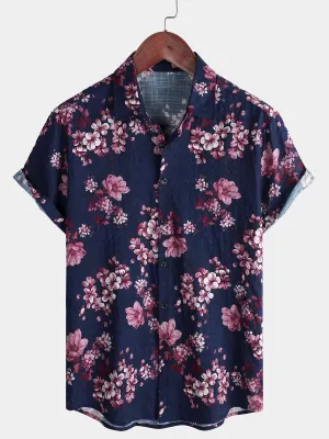 Men's Floral Short Sleeve Casual Cotton Beach Shirt
