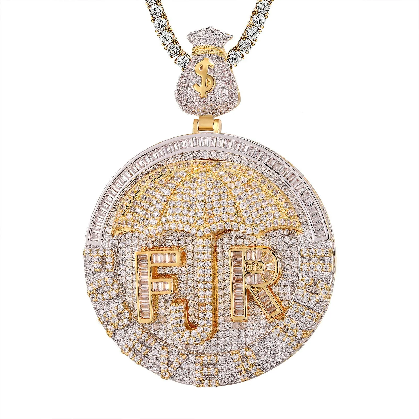 Mens Forever Rich Money Dollar Bag Baguette Circle Pendant
