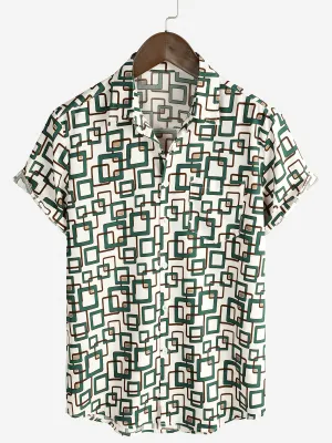 Men's Green Casual Holiday Geometrie Summer Short Sleeve Button Up Shirt