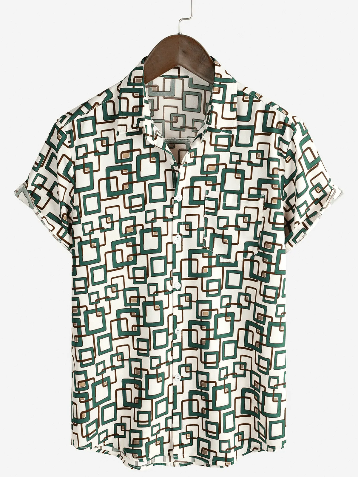 Men's Green Casual Holiday Geometrie Summer Short Sleeve Button Up Shirt
