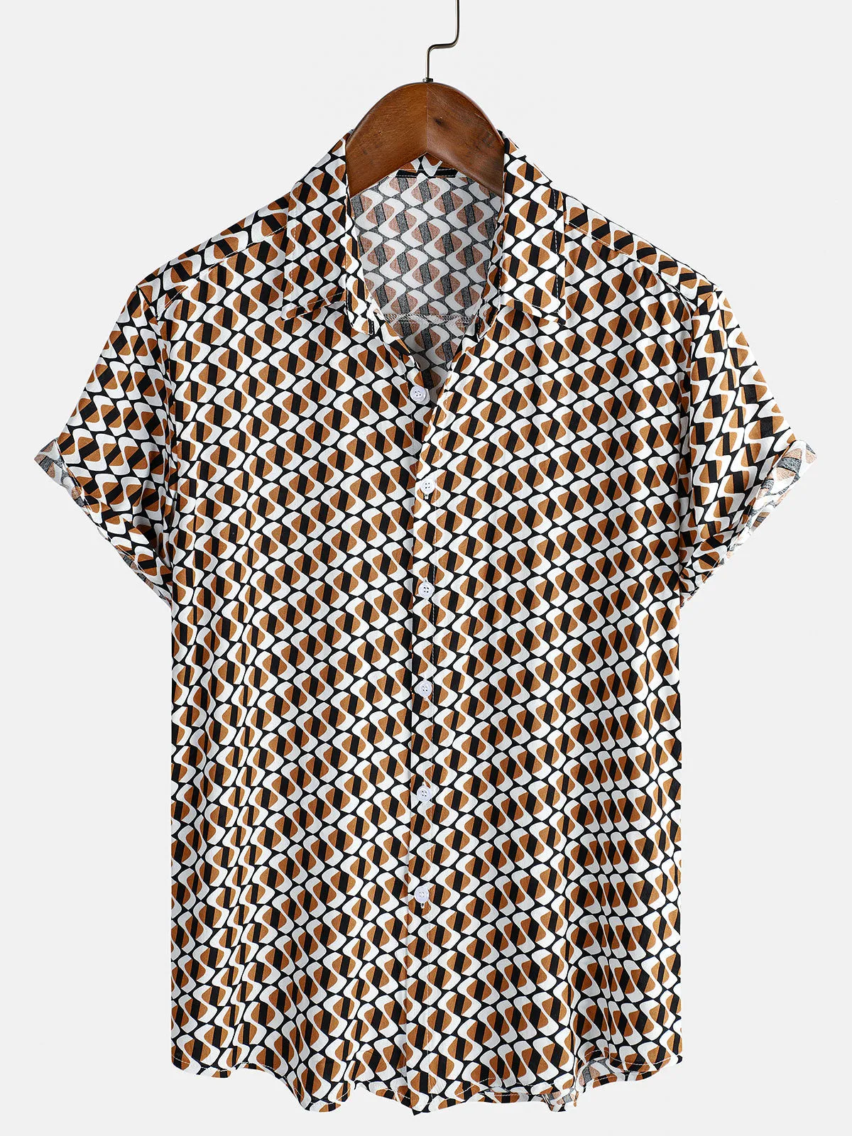 Men's Khaki Geometric Beach Short Sleeve Button Up Shirt