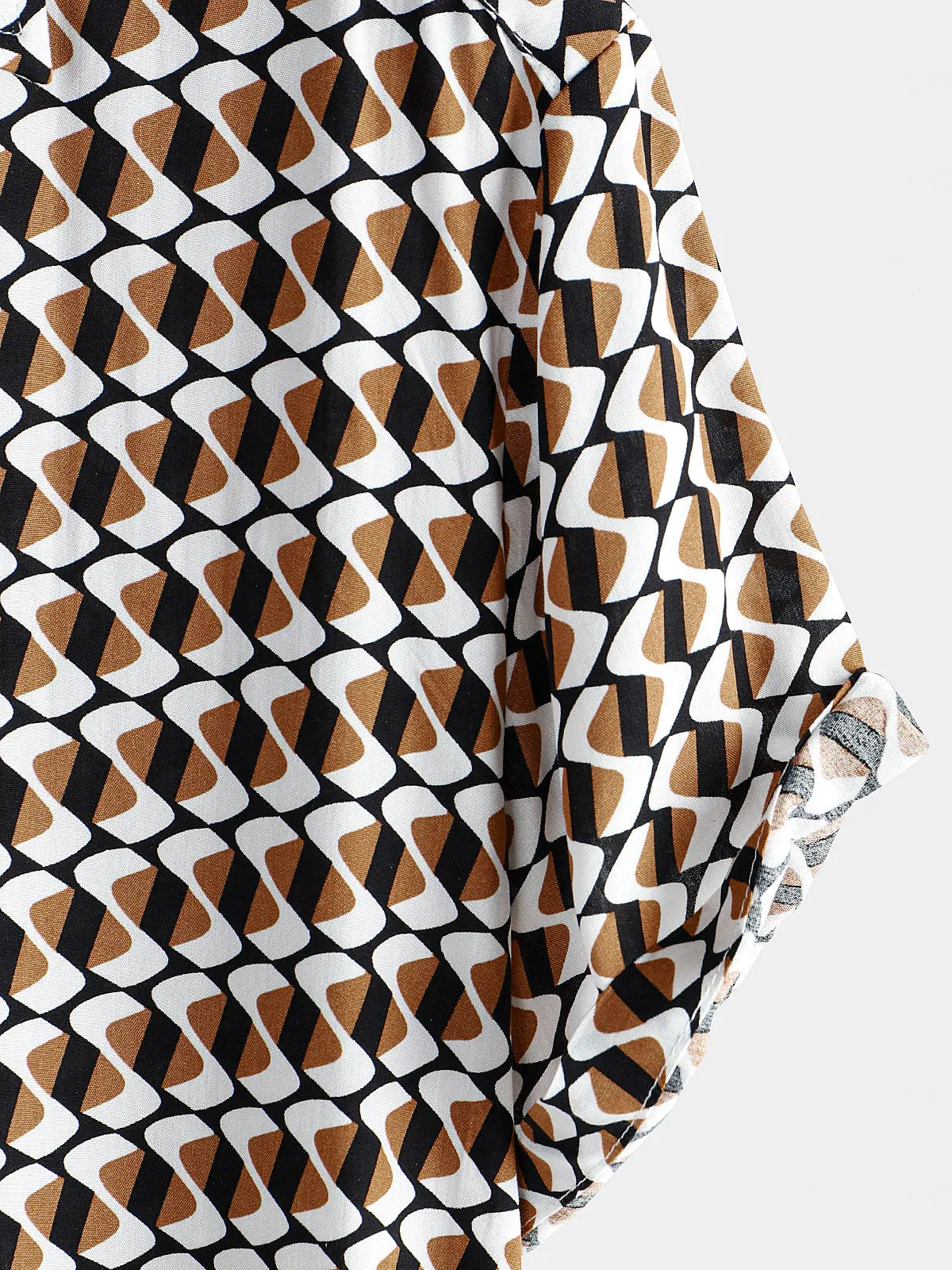 Men's Khaki Geometric Beach Short Sleeve Button Up Shirt