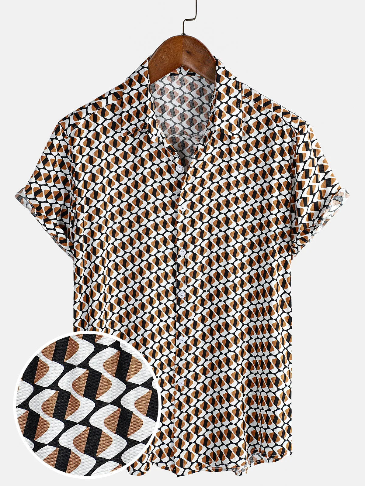 Men's Khaki Geometric Beach Short Sleeve Button Up Shirt