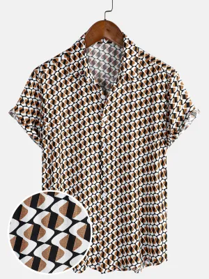 Men's Khaki Geometric Beach Short Sleeve Button Up Shirt