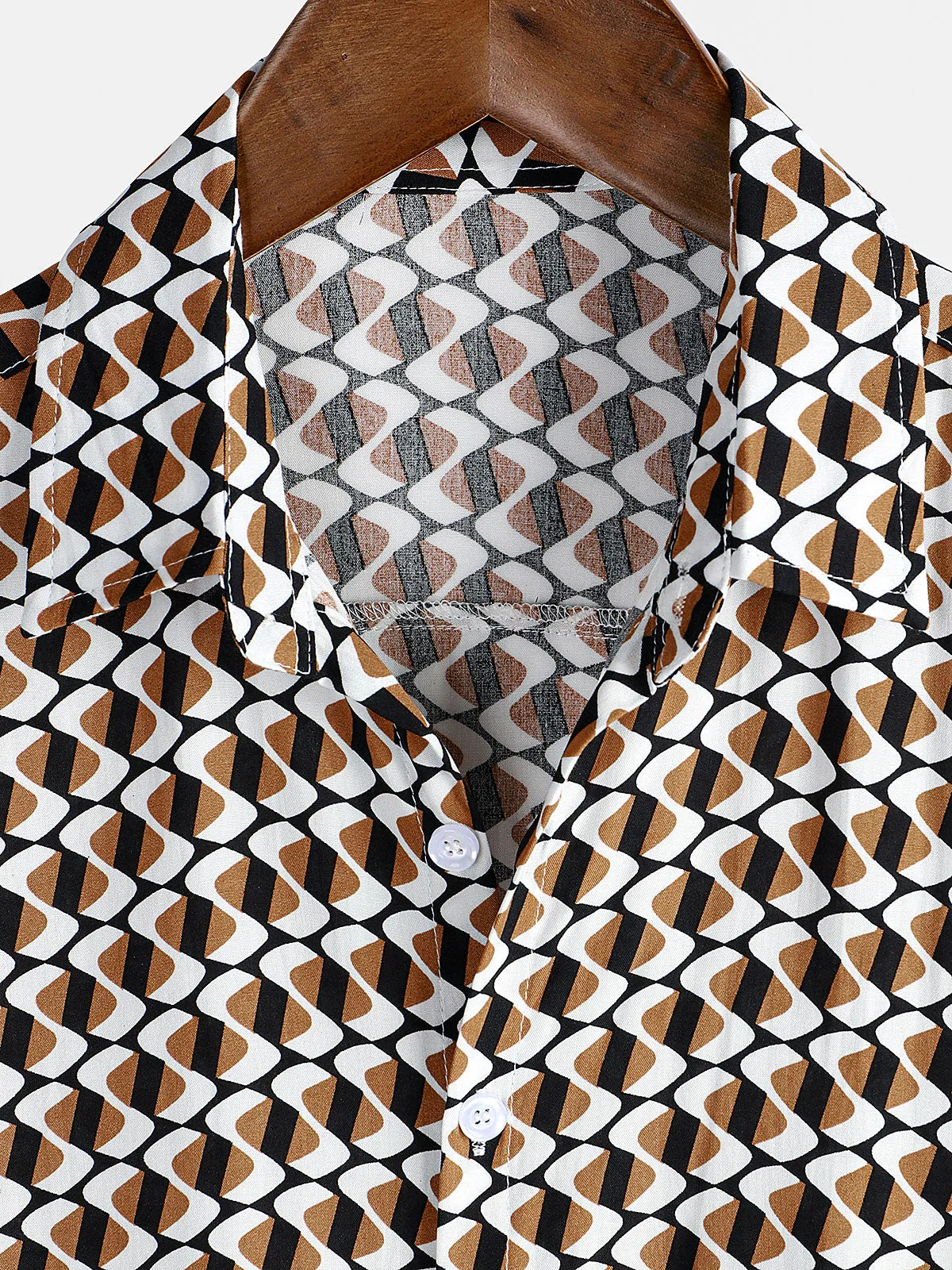 Men's Khaki Geometric Beach Short Sleeve Button Up Shirt