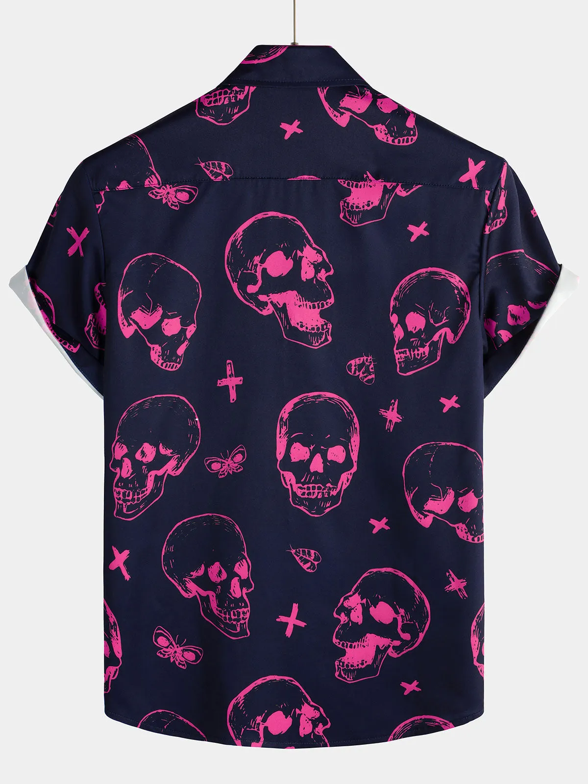 Men's Pink Skull Print Art Graphic Button Short Sleeve Aloha Hawaiian Shirt