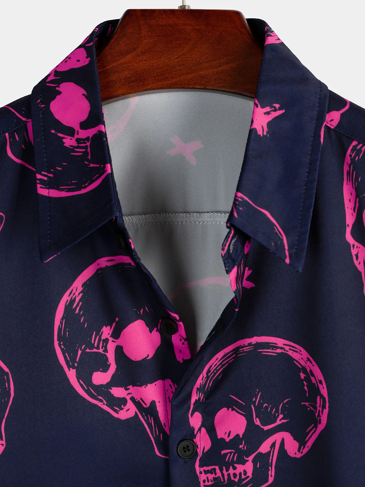 Men's Pink Skull Print Art Graphic Button Short Sleeve Aloha Hawaiian Shirt