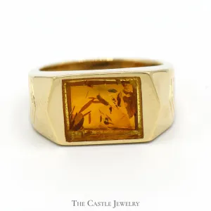 Men's Rectangular Amber Ring in Arrow Designed 14k Yellow Gold Mounting