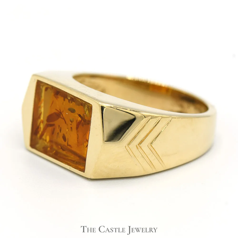 Men's Rectangular Amber Ring in Arrow Designed 14k Yellow Gold Mounting