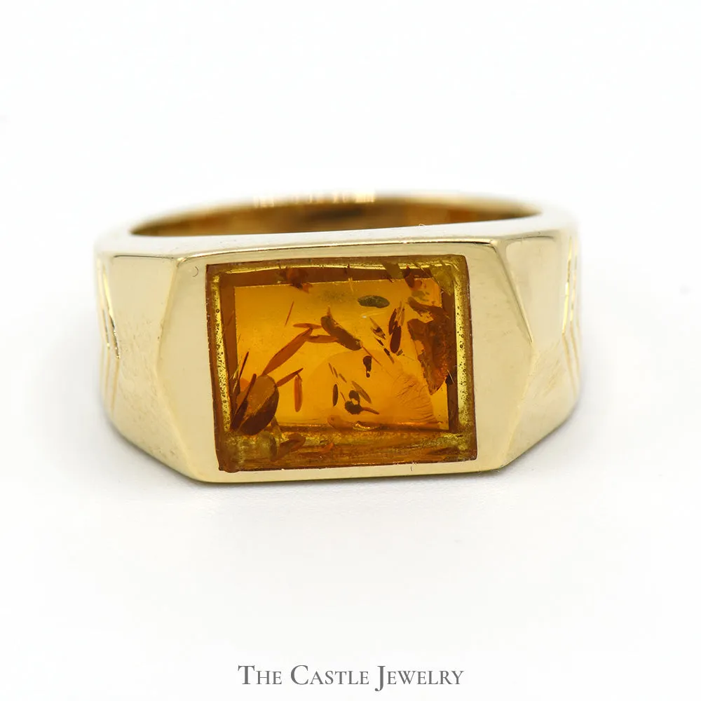 Men's Rectangular Amber Ring in Arrow Designed 14k Yellow Gold Mounting