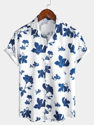 Men's Summer Floral Print Casual Beach Button Up Short Sleeve Shirt