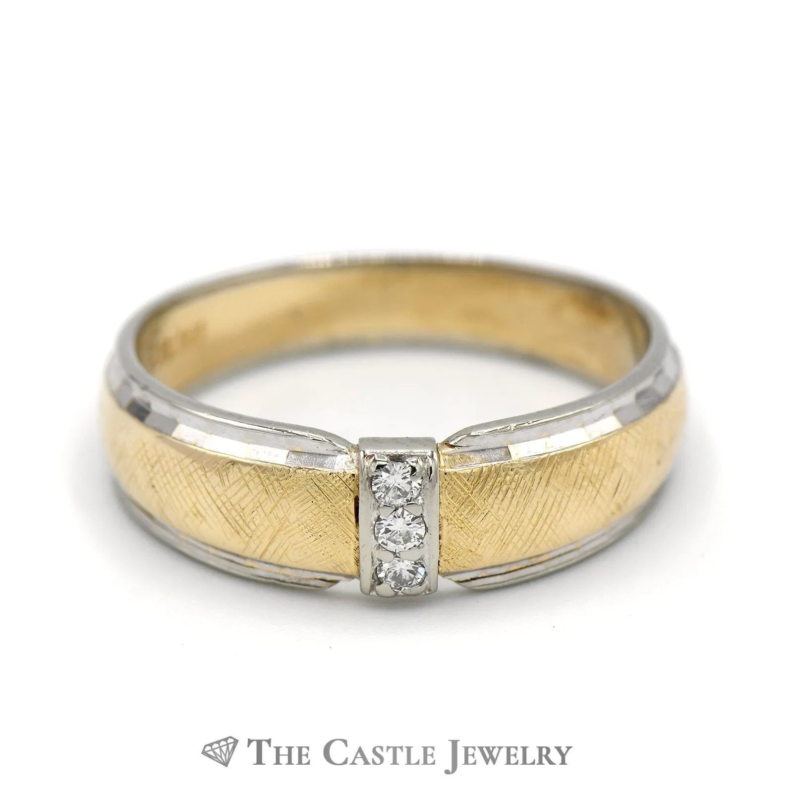 Men's Two Tone 3 Diamond Band with Brushed Finish in 14k White and Yellow Gold