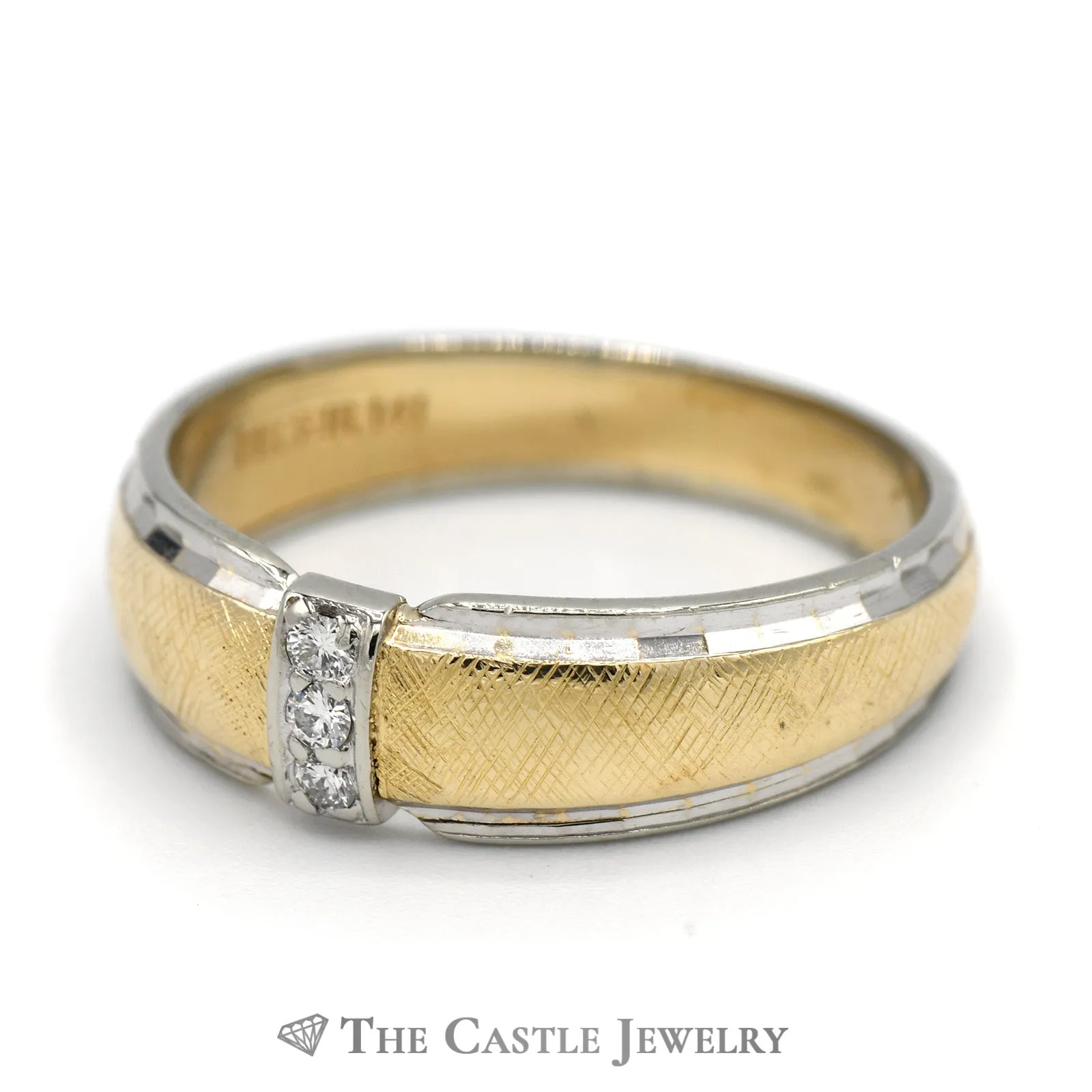 Men's Two Tone 3 Diamond Band with Brushed Finish in 14k White and Yellow Gold