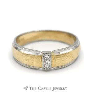 Men's Two Tone 3 Diamond Band with Brushed Finish in 14k White and Yellow Gold