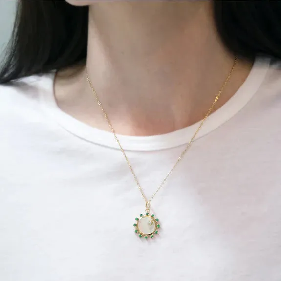 Mini Mother of Pearl Emerald "Happiness" Sun Charm with Diamond Star Accent