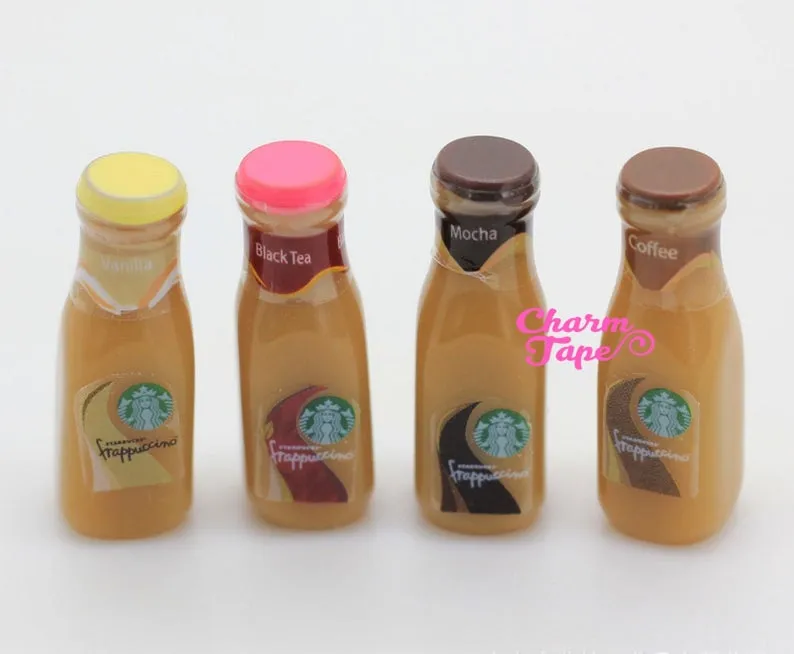 Miniature frappuccino Starbucks bottles, set of 4, iced coffee, 1:6 Scale drinks, accessories accessory for mini garden Logo Bottle M021