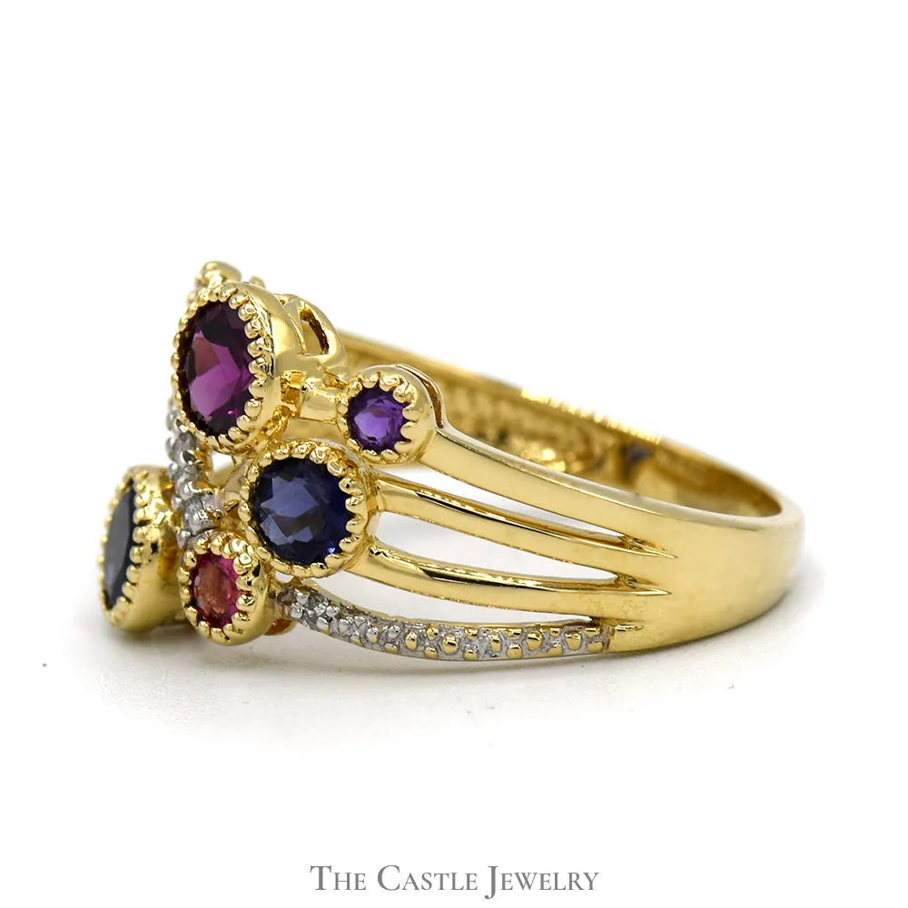 Multi Colored Gemstone Cluster Ring with Diamond Accents in 14k Yellow Gold Open Crossover Band