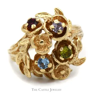 Multi Gemstone Cluster Ring with Floral Vine Design in 10k Yellow Gold