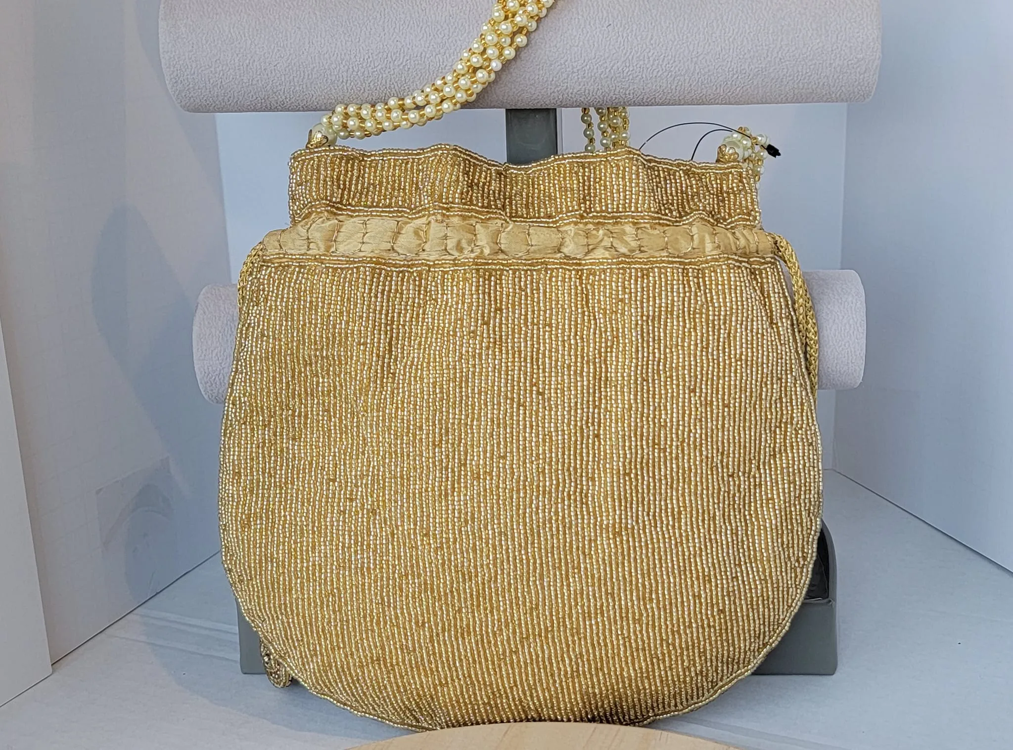 MYUS102 - Gold Beads Potli Bag with pearl handle