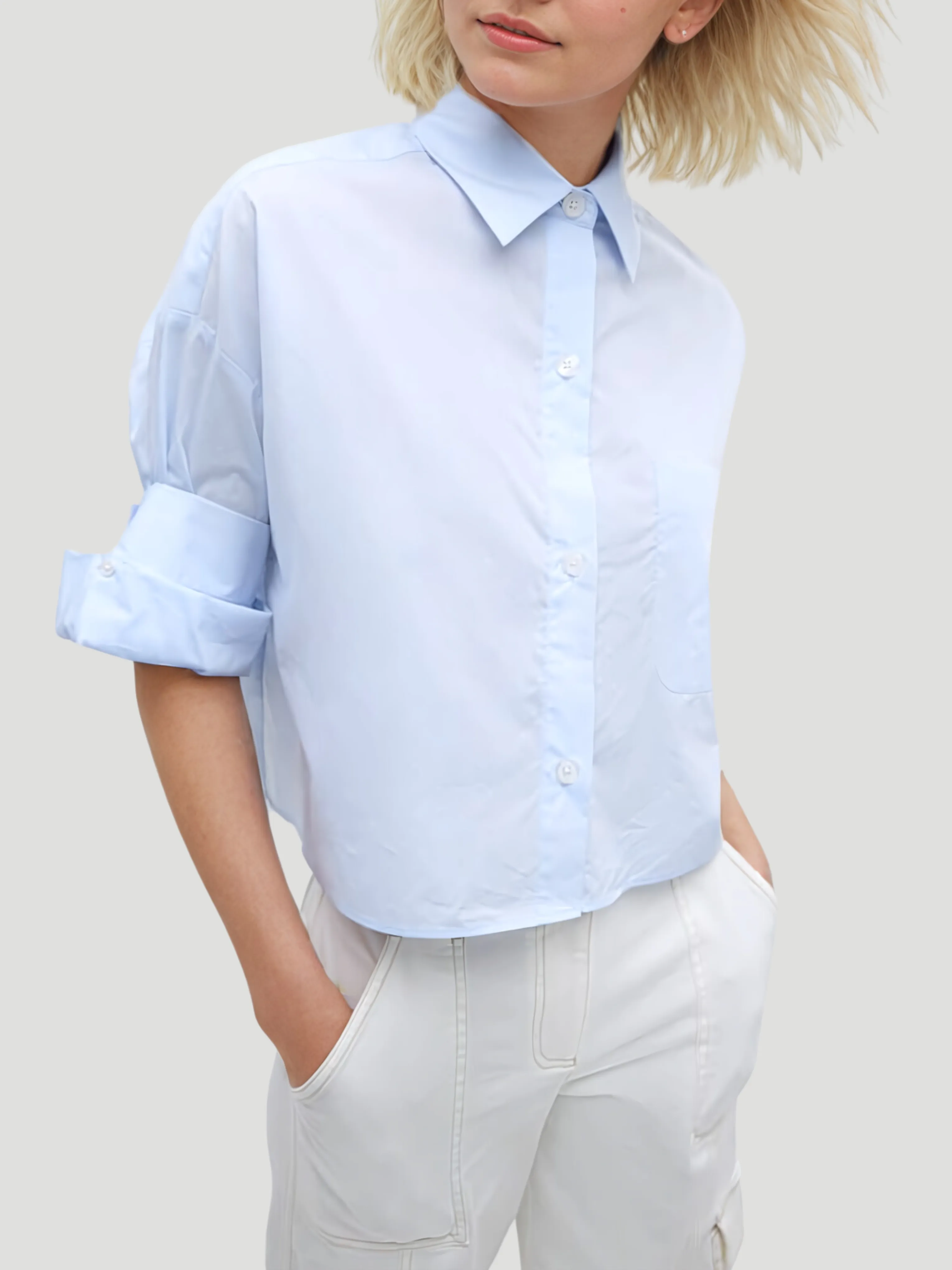 Next Ex Cotton Cropped Shirt in Baby Blue