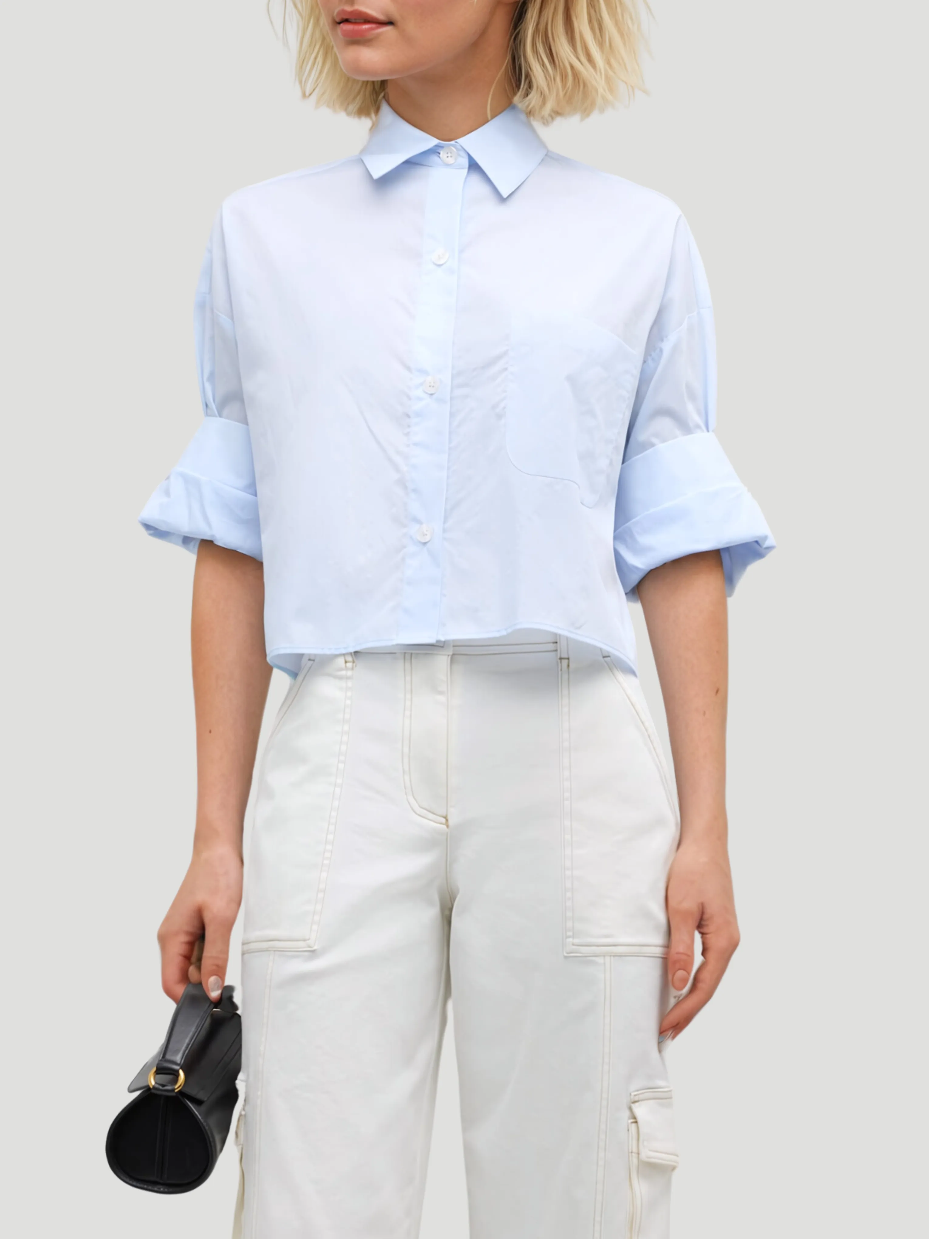 Next Ex Cotton Cropped Shirt in Baby Blue