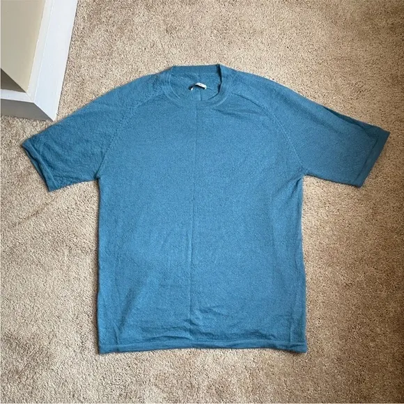 Nina Cusco | Baby Alpaca Knit Short Sleeve Raglan Sweater | Teal Blue | Size L