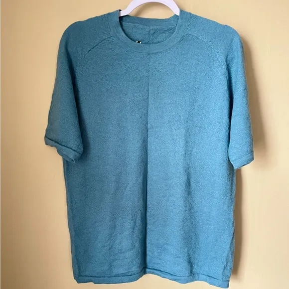 Nina Cusco | Baby Alpaca Knit Short Sleeve Raglan Sweater | Teal Blue | Size L