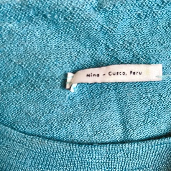 Nina Cusco | Baby Alpaca Knit Short Sleeve Raglan Sweater | Teal Blue | Size L