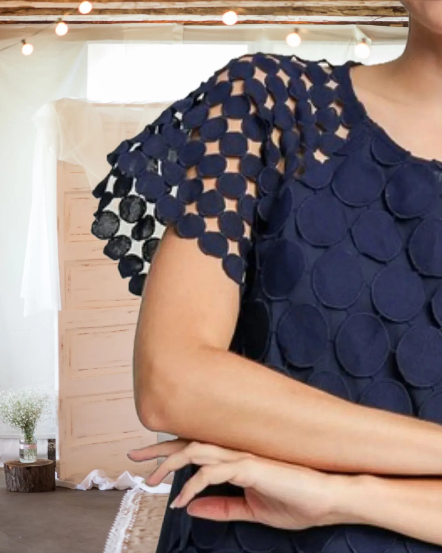 On the Dot Mixed Polka Dot Lace Top in Navy - Misses and Curvy
