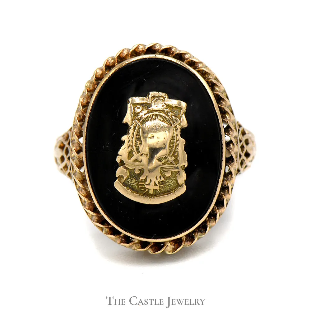 Onyx Shield Ring with Detailed Open Designed 10k Yellow Gold Mounting