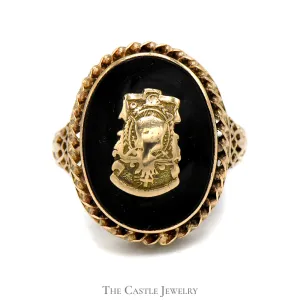Onyx Shield Ring with Detailed Open Designed 10k Yellow Gold Mounting