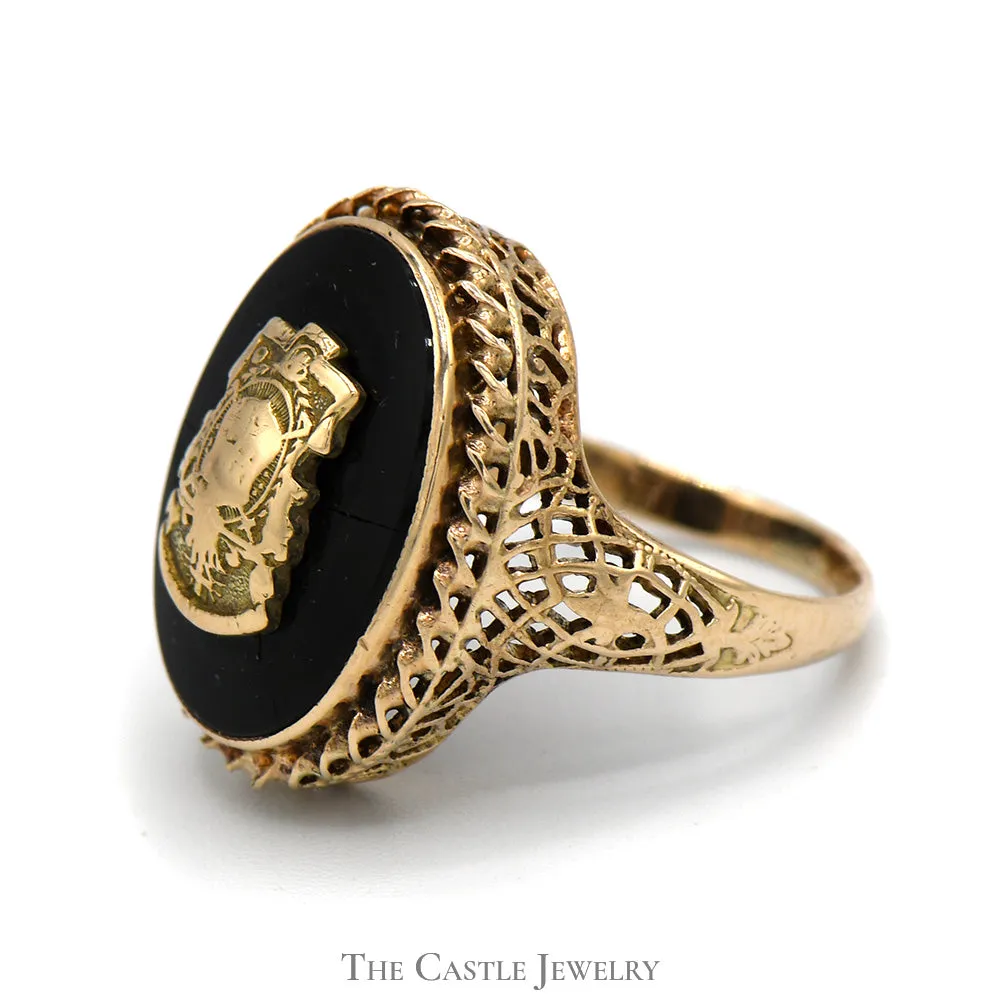 Onyx Shield Ring with Detailed Open Designed 10k Yellow Gold Mounting