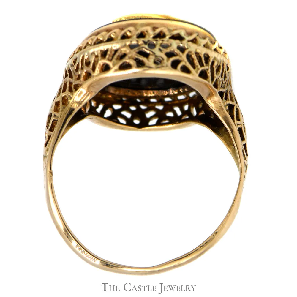 Onyx Shield Ring with Detailed Open Designed 10k Yellow Gold Mounting
