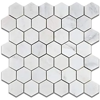 Oriental White (Eastern White) Marble 2" Hexagon Mosaic Tile, Polished - Lot of 50 Sheets
