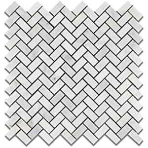 Oriental White (Eastern White) Marble Mini Herringbone Mosaic Tile, Polished - 6" X 6" Sample