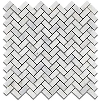 Oriental White (Eastern White) Marble Mini Herringbone Mosaic Tile, Polished - 6" X 6" Sample