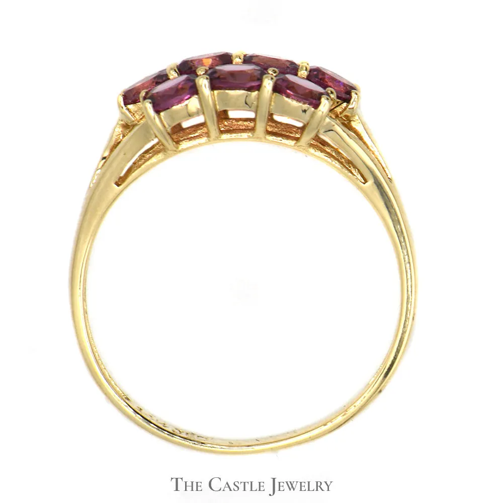 Oval Cut Rhodolite Garnet Cluster Ring in 14k Yellow Gold Split Shank Setting