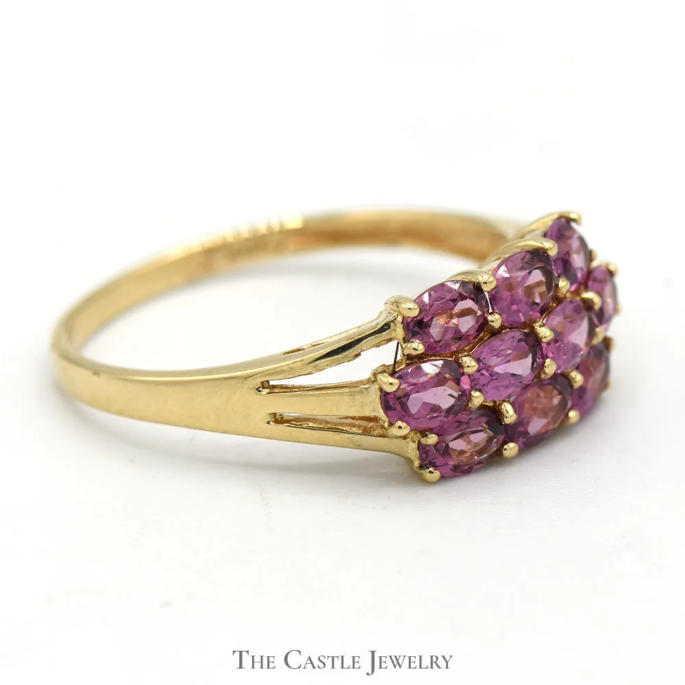 Oval Cut Rhodolite Garnet Cluster Ring in 14k Yellow Gold Split Shank Setting