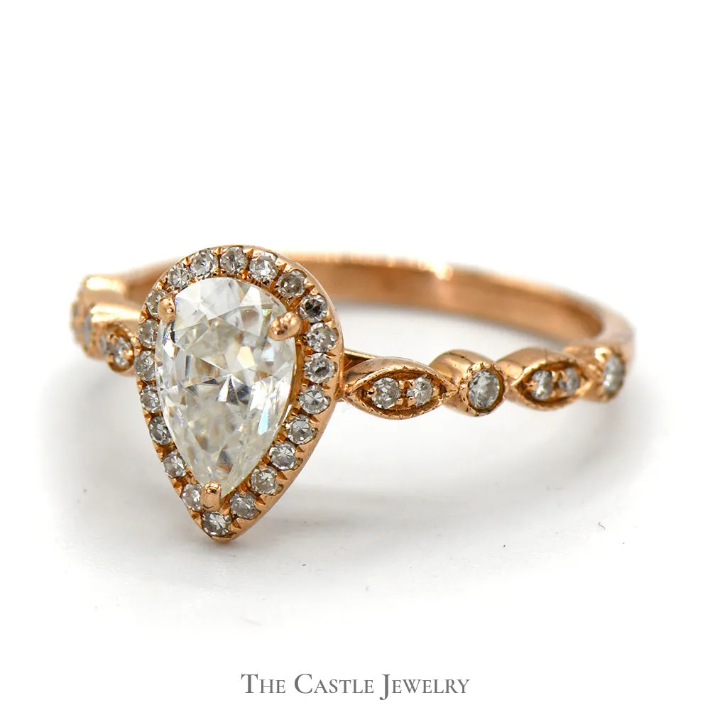Pear Cut Moissanite Ring with Diamond Accents in 14k Rose Gold