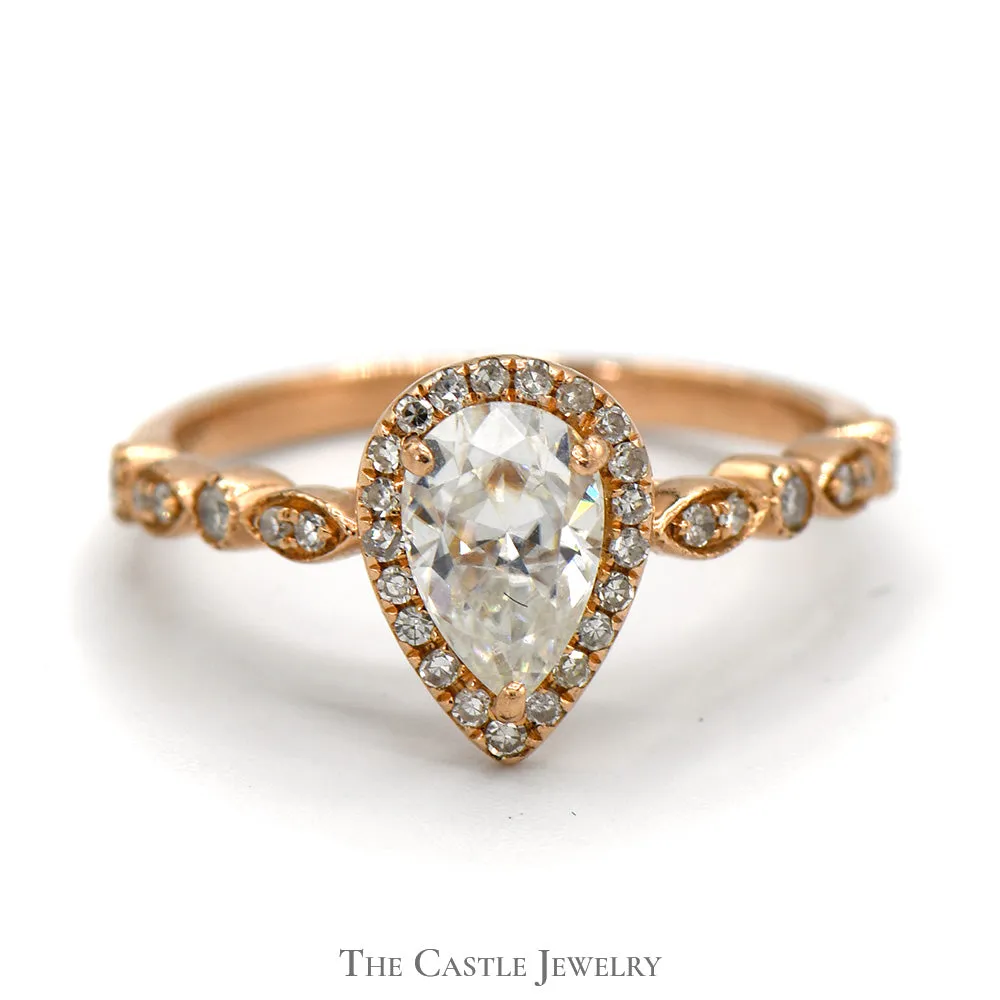 Pear Cut Moissanite Ring with Diamond Accents in 14k Rose Gold