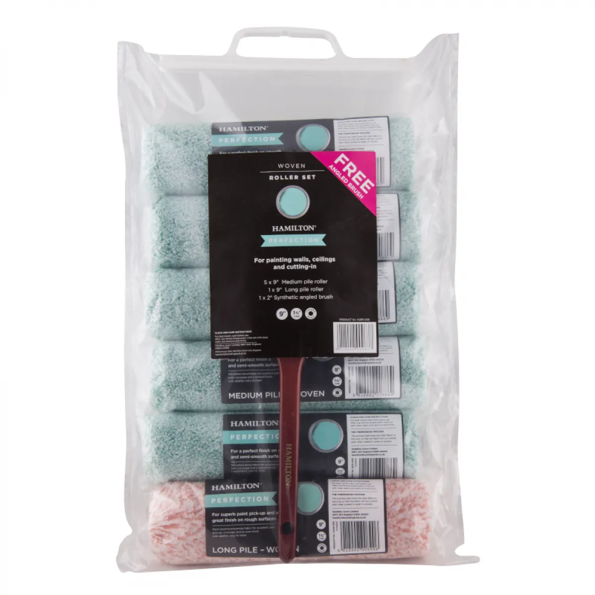 PERFECTION 6 PIECE 9” ROLLER SET   FREE 2” PURE SYNTHETIC ANGLED BRUSH (1.75 Inch Core)