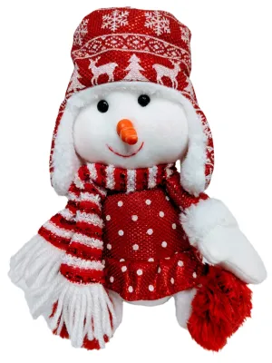 Plush Snowman Wearing Winter Hat with Snowflakes & Red/White Scarf